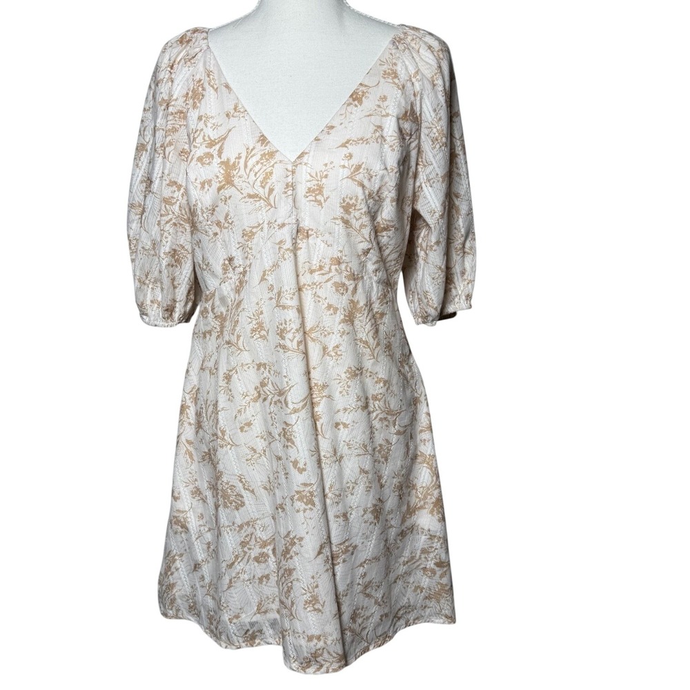 Lucy Paris Floral V-Neck Puff Sleeve Mini Dress Beige Women's Medium
